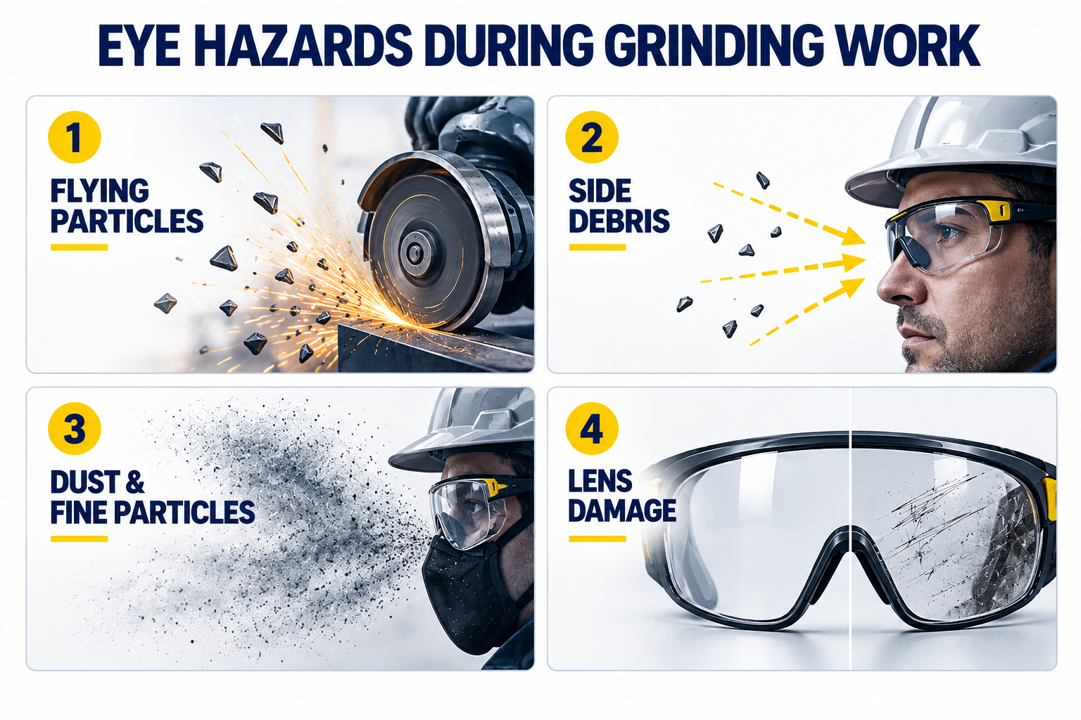 Eye Hazards During Grinding Work Häufige Gefahren für die Augen beim Metallschleifen, einschließlich herumfliegender Staubpartikel und seitlicher Ablagerungen