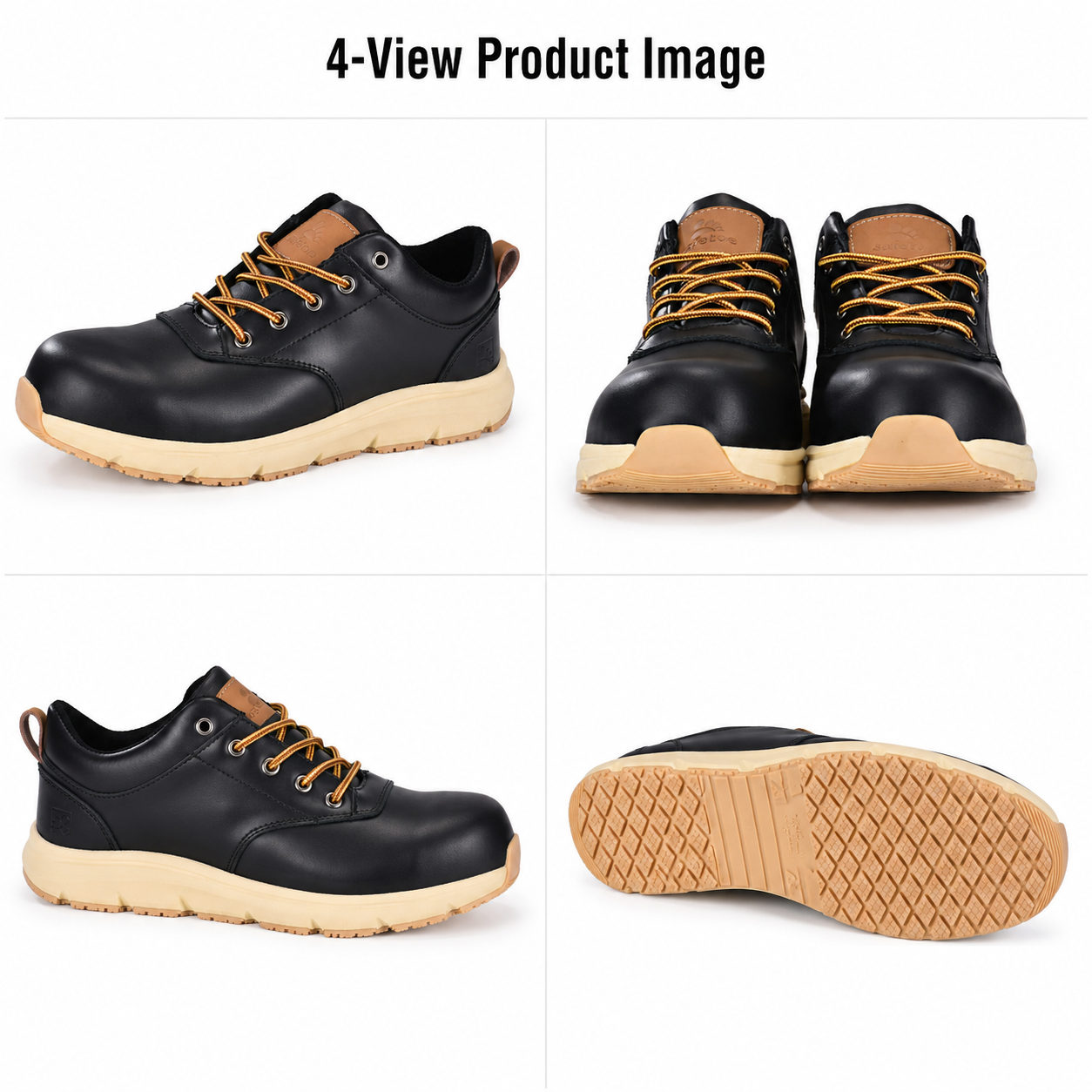 Composite Toe Safety Shoes 4-View Image Produktbild von schwarzen Sicherheitsschuhen aus Verbundkappe aus Leder mit rutschfester Außensohle in vier Ansichten