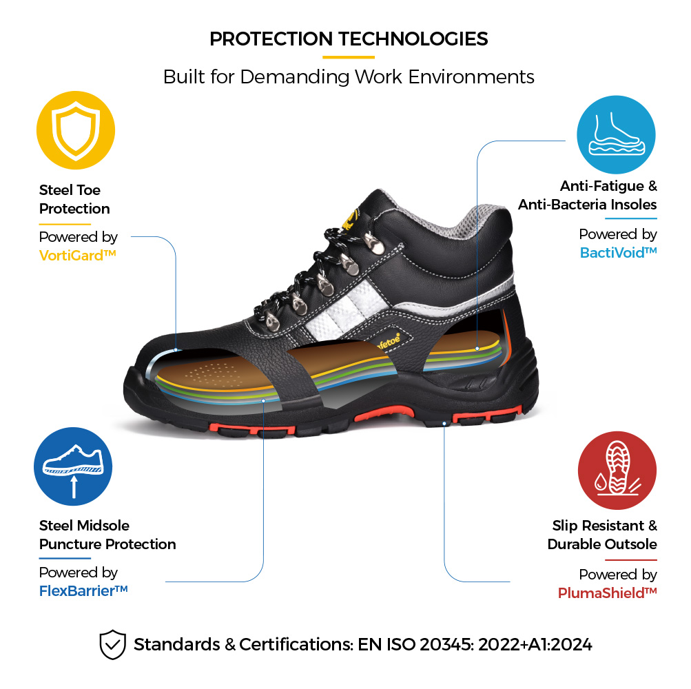 M-8027PRST Industrial Safety Shoe Construction Details M 8027PRST Premium-Arbeitsschutzschuhe mit Stahlkappe und hitzebeständiger PU/Gummi-