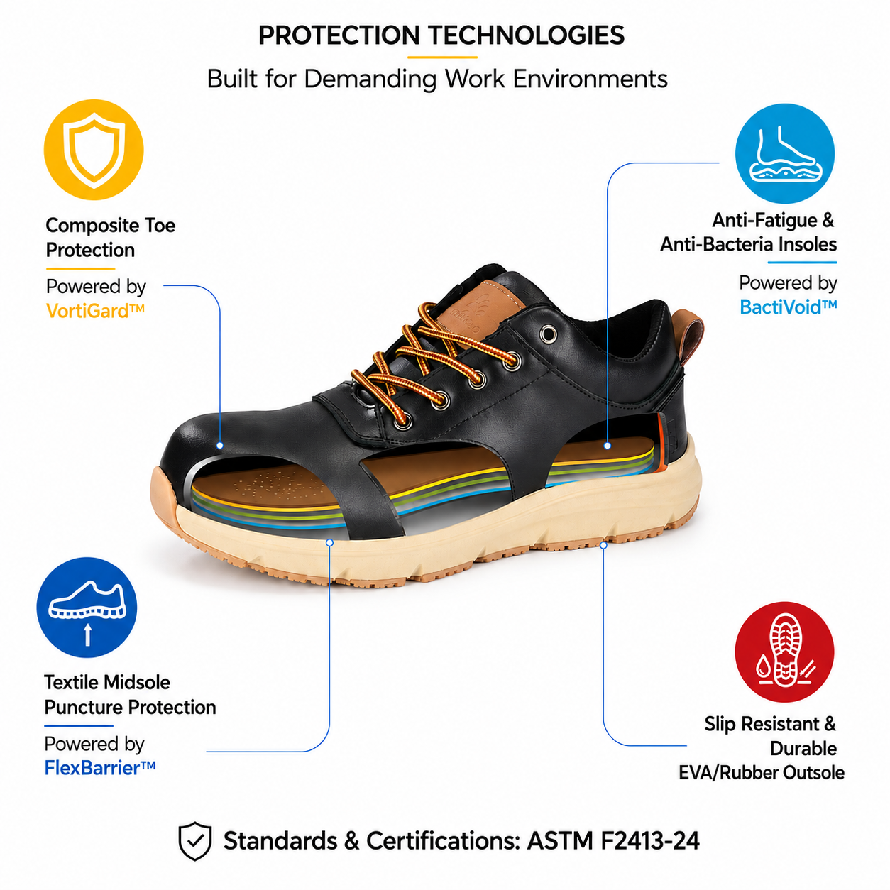 Safety Shoe Protection Technologies Overview Schutztechnologien von Sicherheitsschuhen aus schwarzem Leder mit Verbundkappe, textiler Zwischensohle, Anti-Ermüdungs-Einlegesohlen und Außensohle aus PU-Gummi.