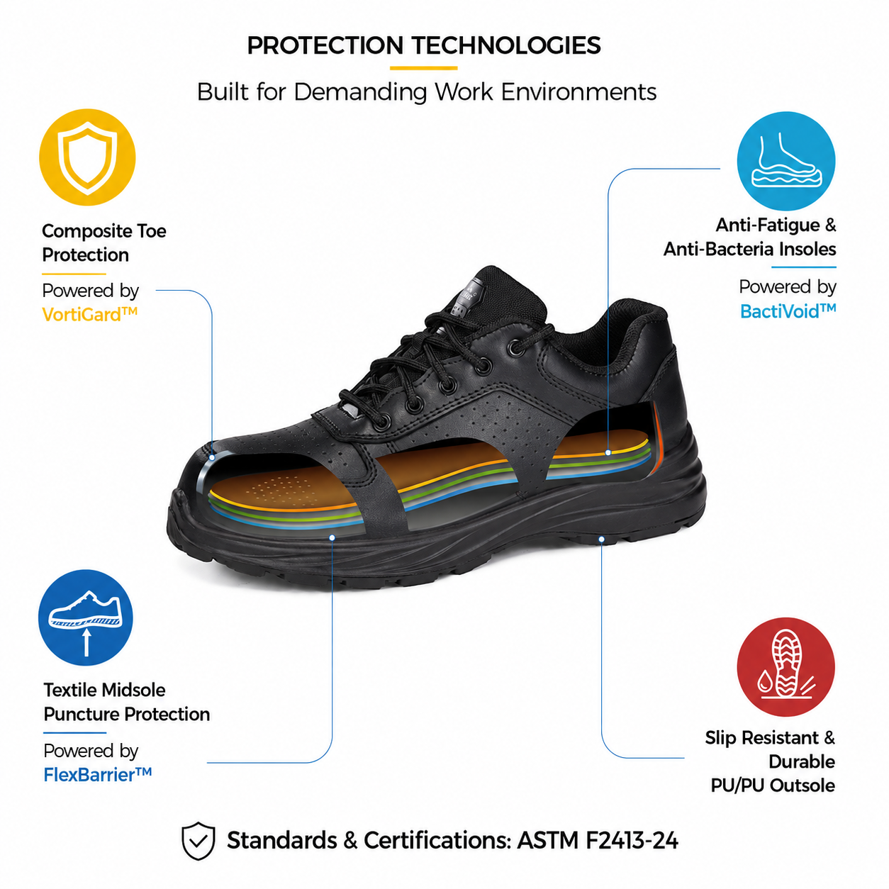 Safetoe L-7328 Safety Shoe Protection Technologies Safetoe L-7328 Sicherheitsschuh-Schutztechnologien mit zusammengesetzter Zehenpartie, durchtrittsicherer Textilzwischensohle, antibakterieller Einlegesohle und rutschfester PU/PU-Außensohle.