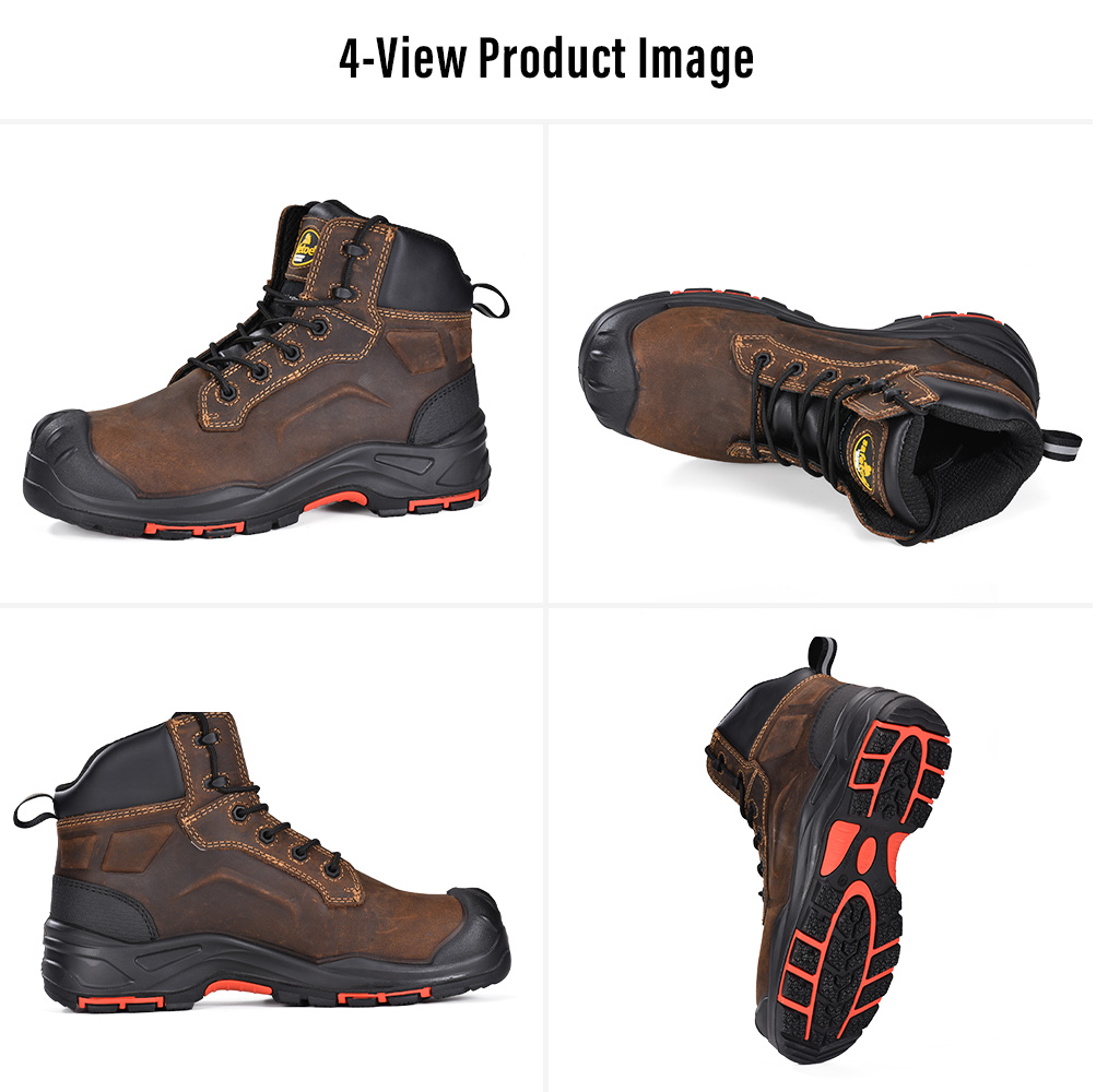 M-8552 Oil Gas Safety Boots Protection Technology M-8552 Öl- und Gas-Sicherheitsstiefel in vier Ansichten mit robustem Lederobermaterial und rutschfester Außensohle