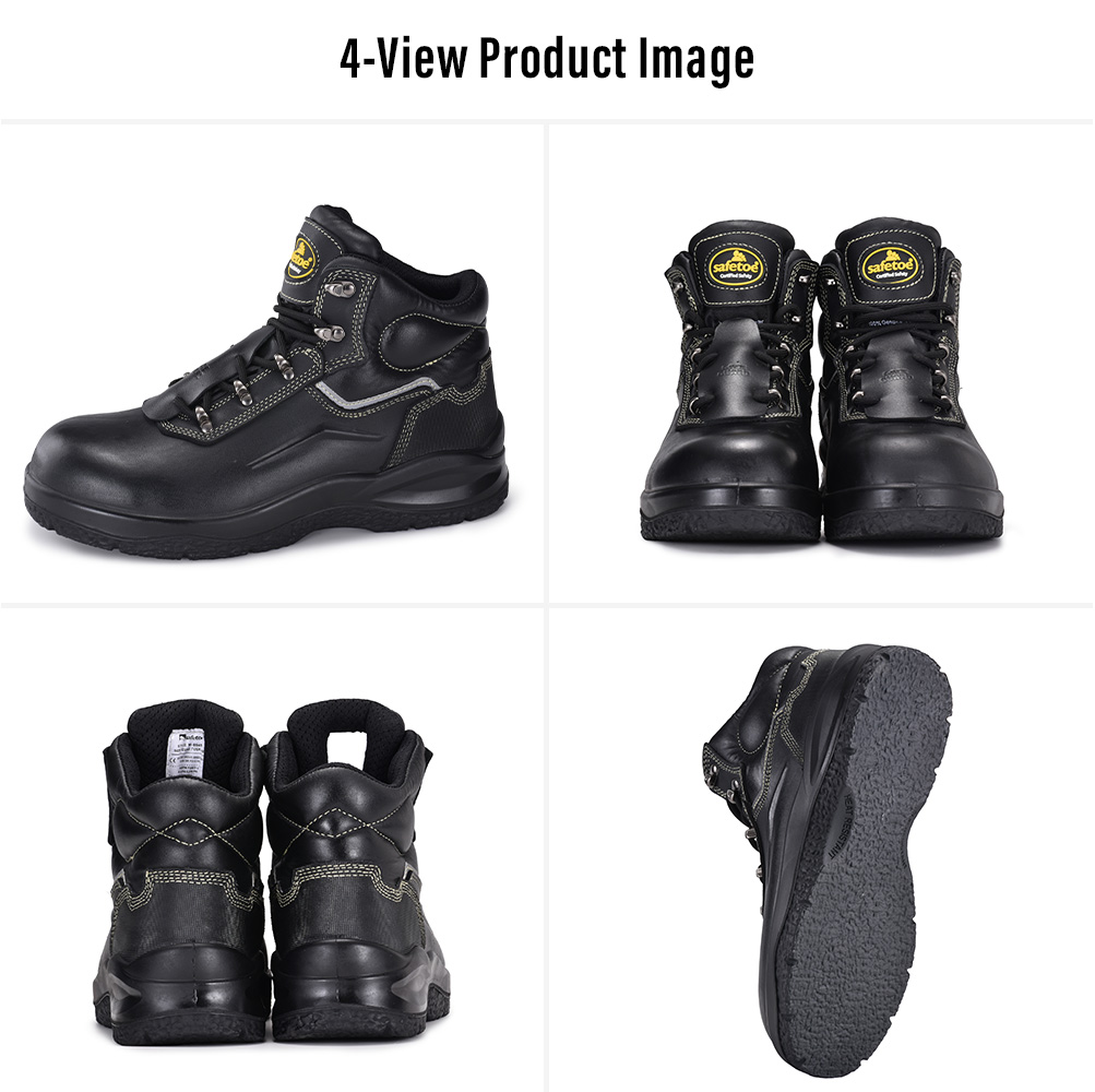 M-8565PV Asphalt Paving Safety Boots – Four Views Vier Ansichten von Safetoe M-8565PV Asphaltpflaster-Sicherheitsstiefeln aus schwarzem Leder mit einer flachen, hitzebeständigen Außensohle.