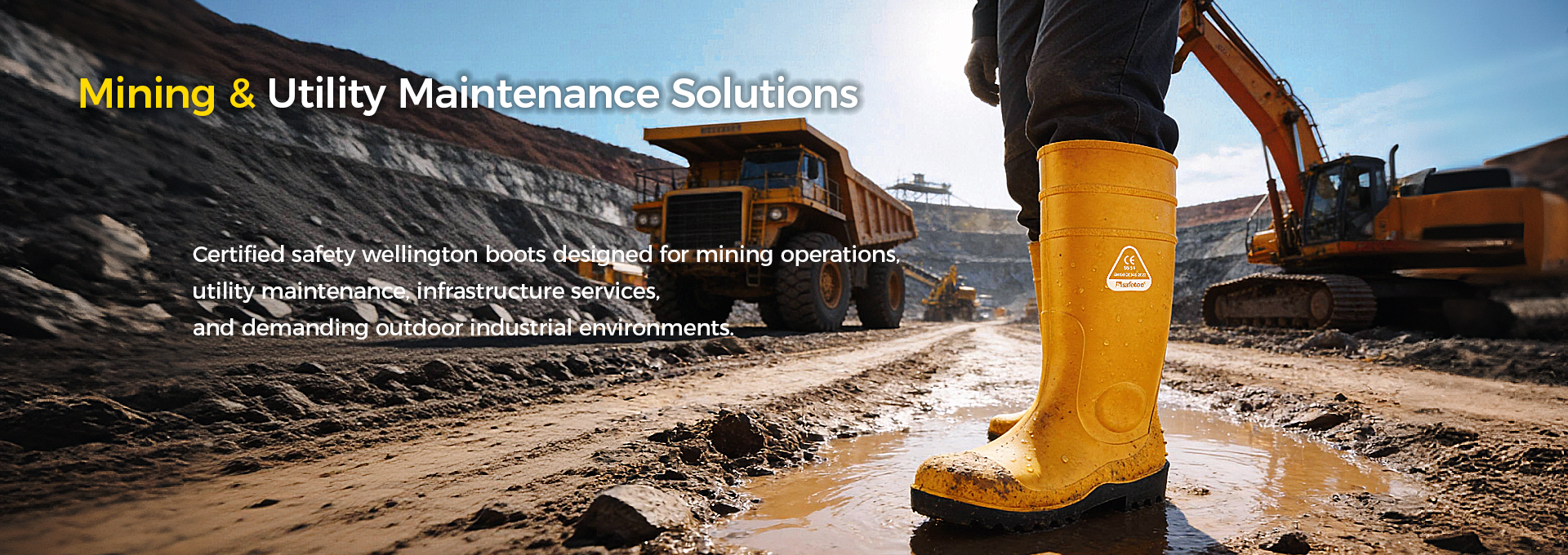 Safety Wellington Boots for Mining Operations Bergbauarbeiter tragen Sicherheitsgummistiefel bei nassen und rauen Bedingungen