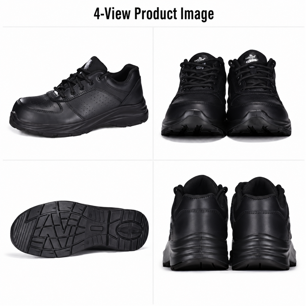 Safetoe L-7328 Engineer Safety Shoes – Four Views Vieransichtsbild von Safetoe L-7328 Ingenieur-Sicherheitsschuhen aus schwarzem Leder mit Seiten-, Vorder-, Rückseite und Außensohle.