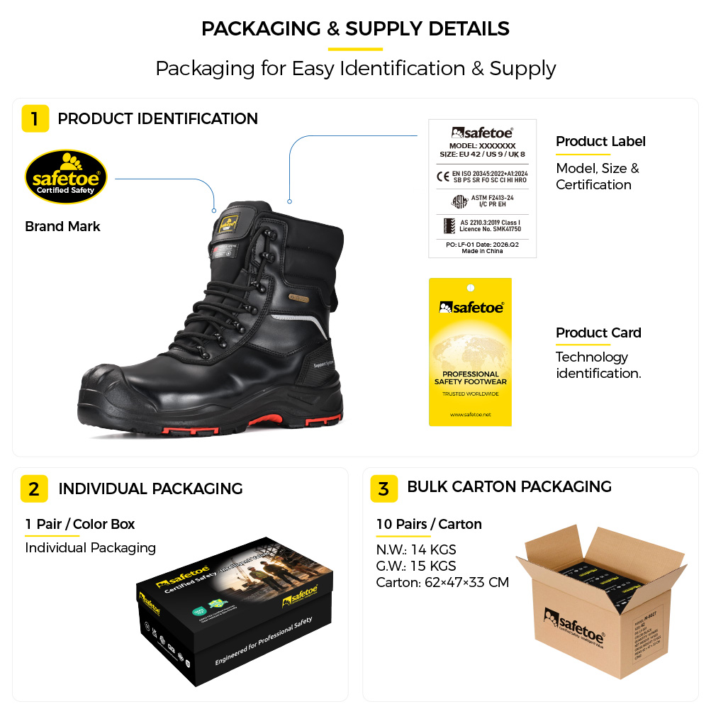 H-9552BK Oil Gas Safety Boots Packaging supply Details zur Verpackung und Großlieferung der isolierten Wintersicherheitsstiefel Safetoe H-9552BK
