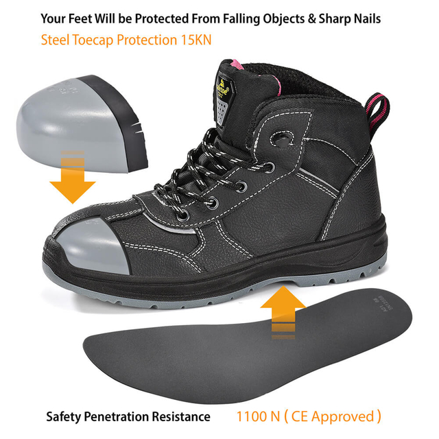 Wasserdichte schwarze Sicherheitsarbeitsstiefel aus Leder für Damen im Baugewerbe | M-8516W GraceShield
