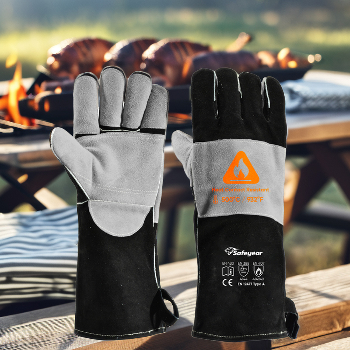 Hitzebeständige Handschuhe für Schweißhandschuhe, Leder, Rindsleder, FL-1023, Schwarz und Grau