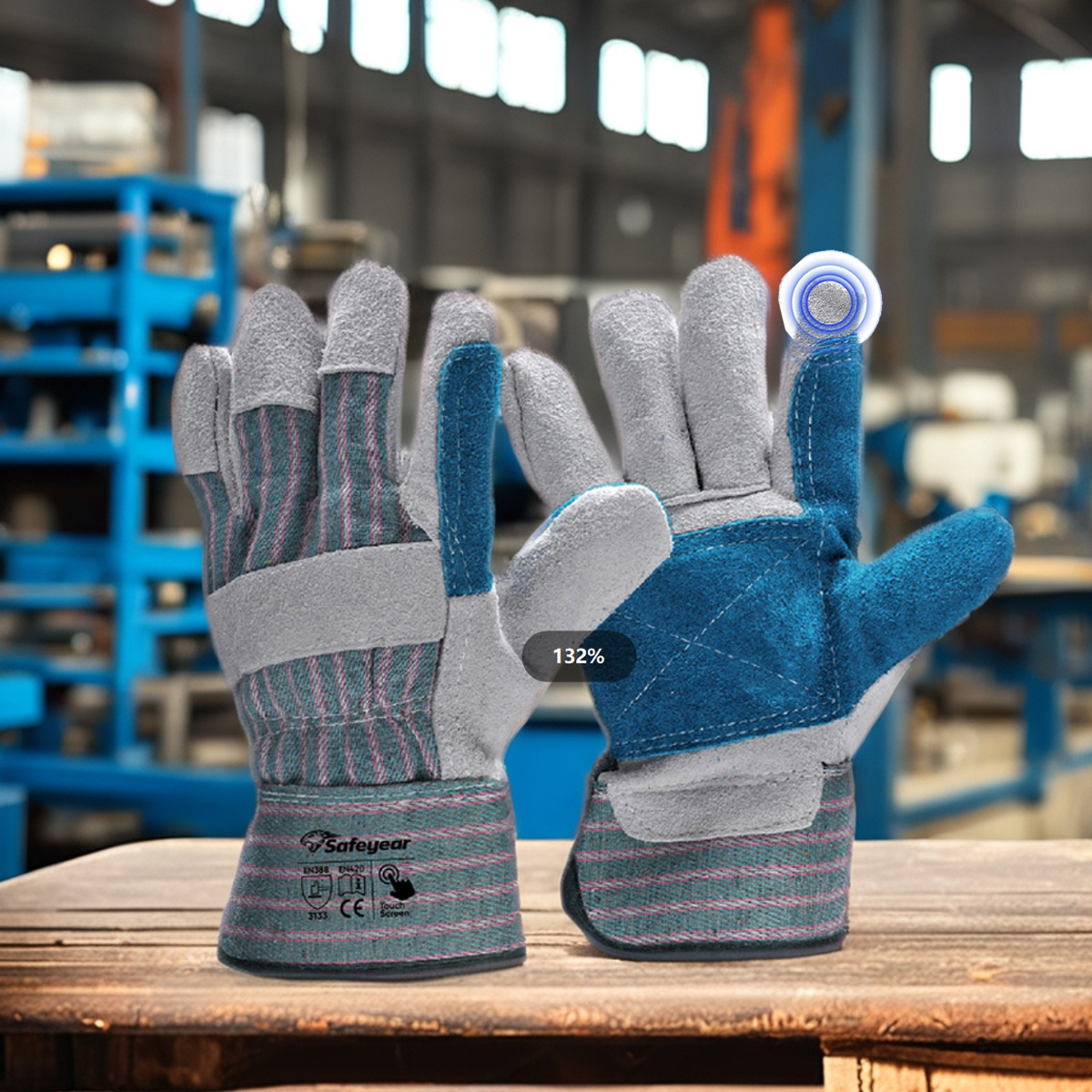 Schnittschutzhandschuh mit Rindsleder-Handfläche, Schlaghandschuhe FL-1015, Blau