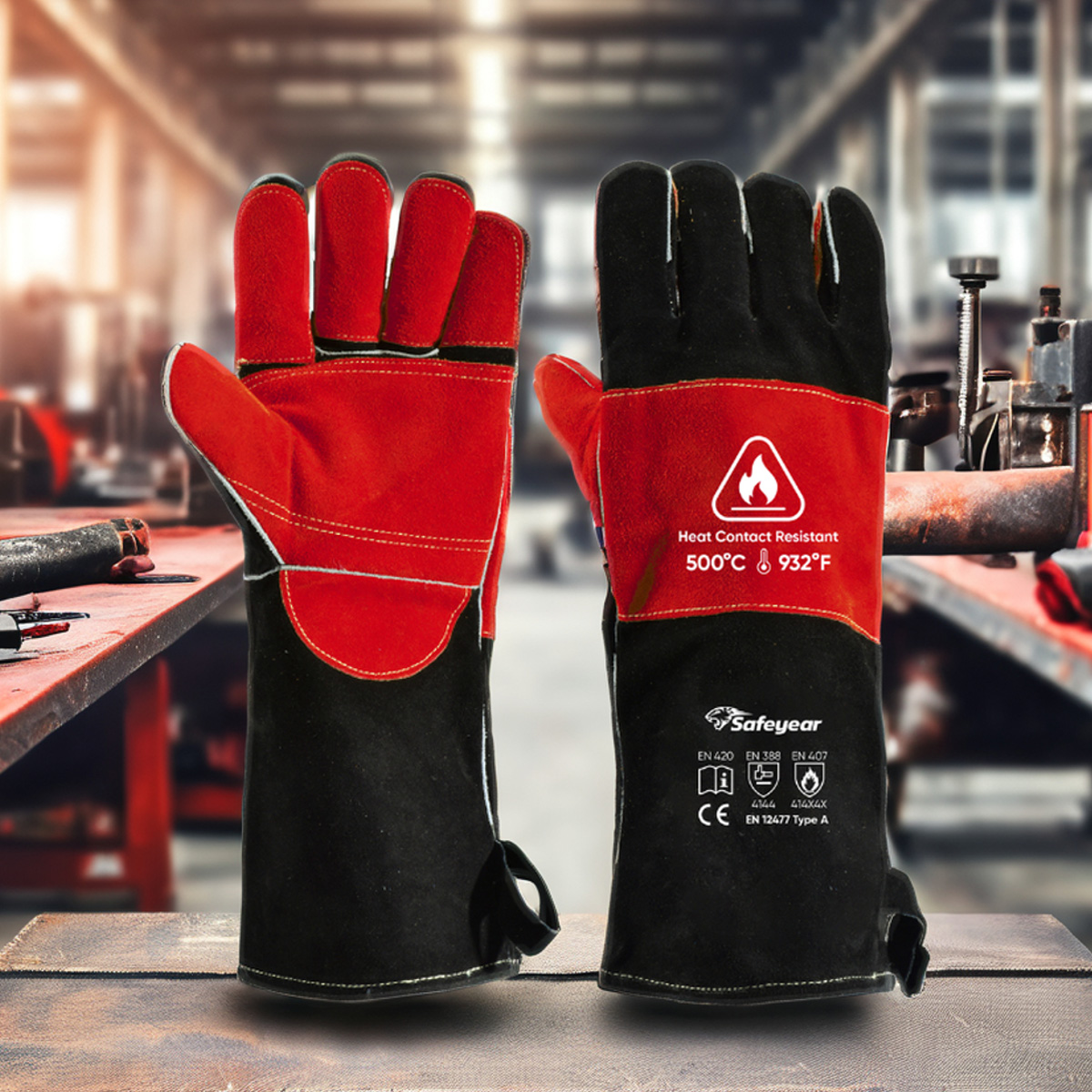  Lederhandschuhe Hitzebeständige Schweißhandschuhe FL-1023 Schwarz & Rot