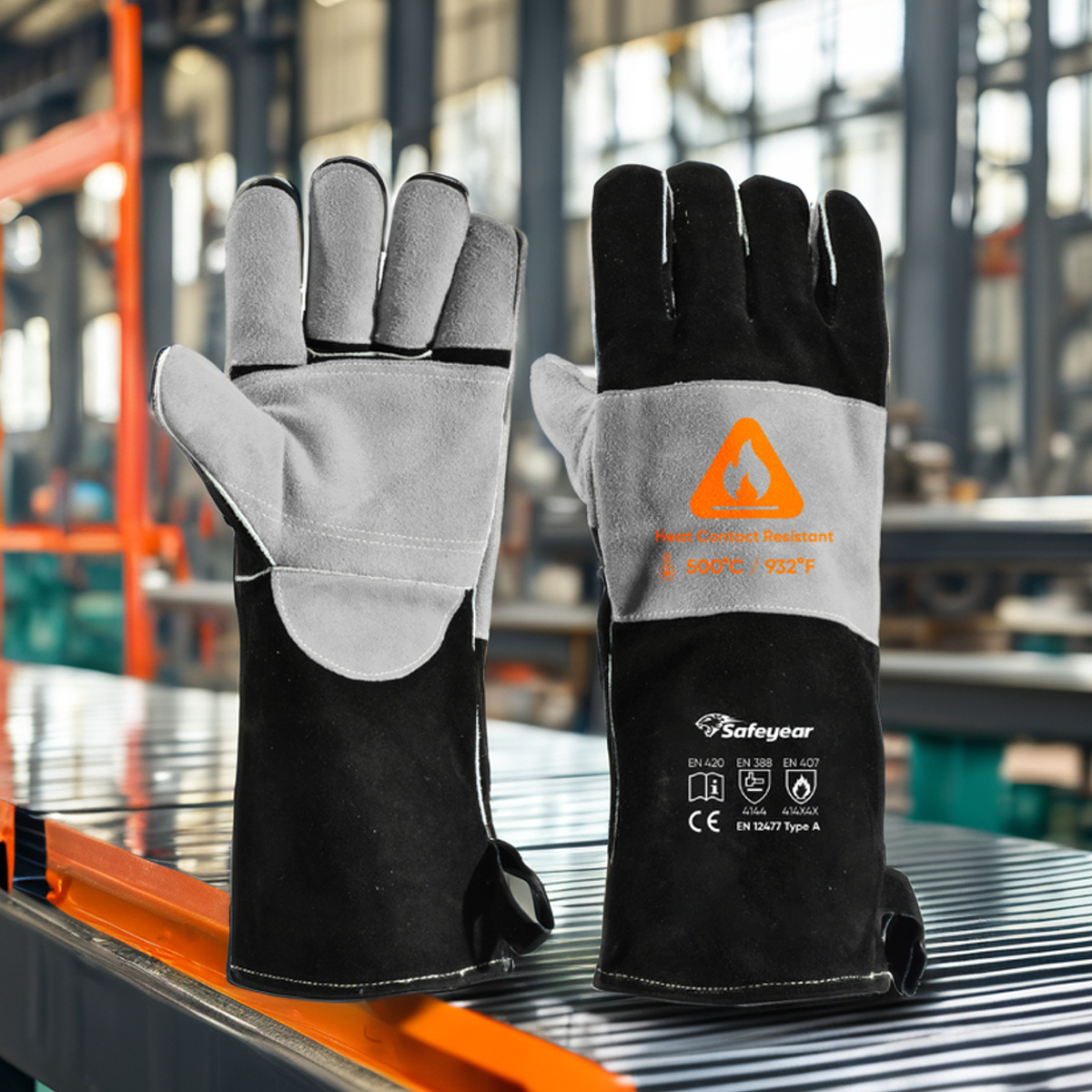 Hitzebeständige Handschuhe für Schweißhandschuhe, Leder, Rindsleder, FL-1023, Schwarz und Grau