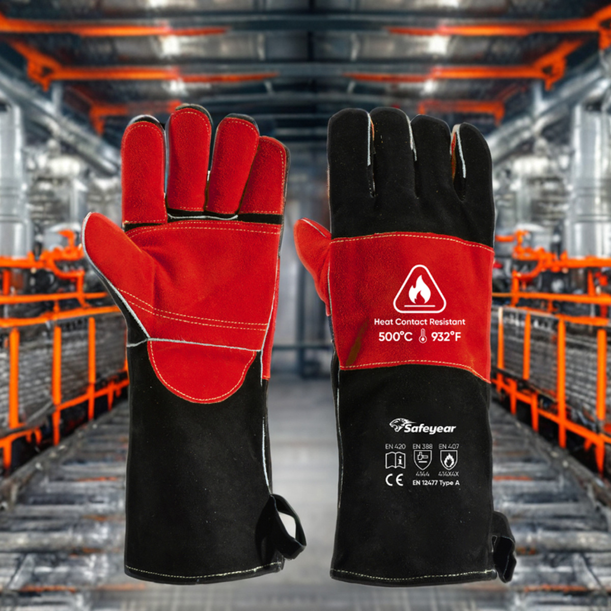  Lederhandschuhe Hitzebeständige Schweißhandschuhe FL-1023 Schwarz & Rot