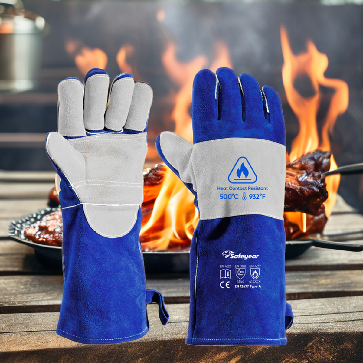 Lichtbogenschutzhandschuhe, Schweißhandschuhe, Leder, Rindsleder, FL-1023, Blau und Grau
