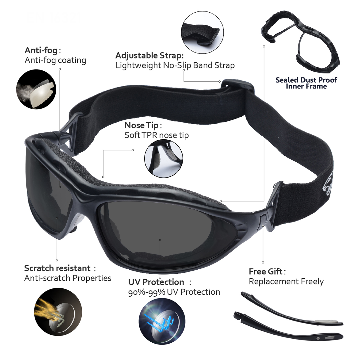 Ultra-Komfort-Antibeschlag-Schutzbrille mit gepolstertem Innenschaum | ANSI Z87.1 & EN166 SG002 Schwarz