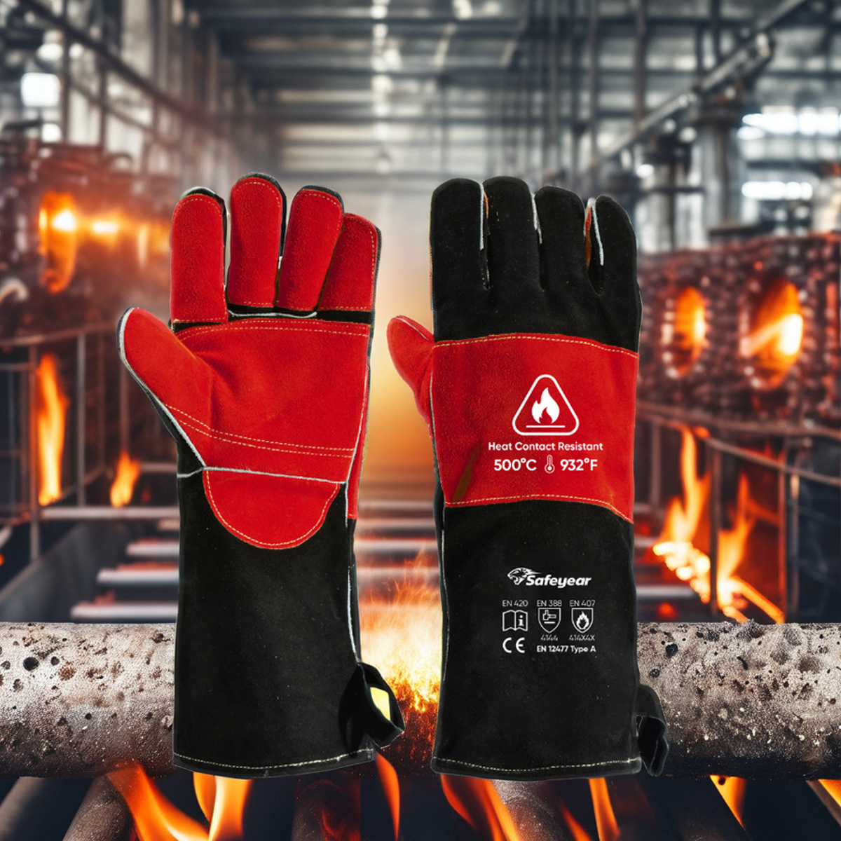  Lederhandschuhe Hitzebeständige Schweißhandschuhe FL-1023 Schwarz & Rot