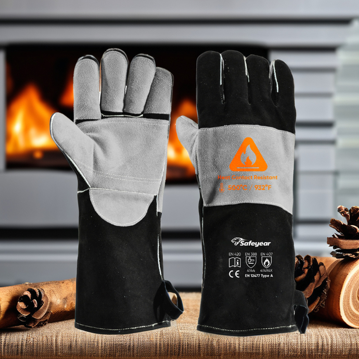 Hitzebeständige Handschuhe für Schweißhandschuhe, Leder, Rindsleder, FL-1023, Schwarz und Grau