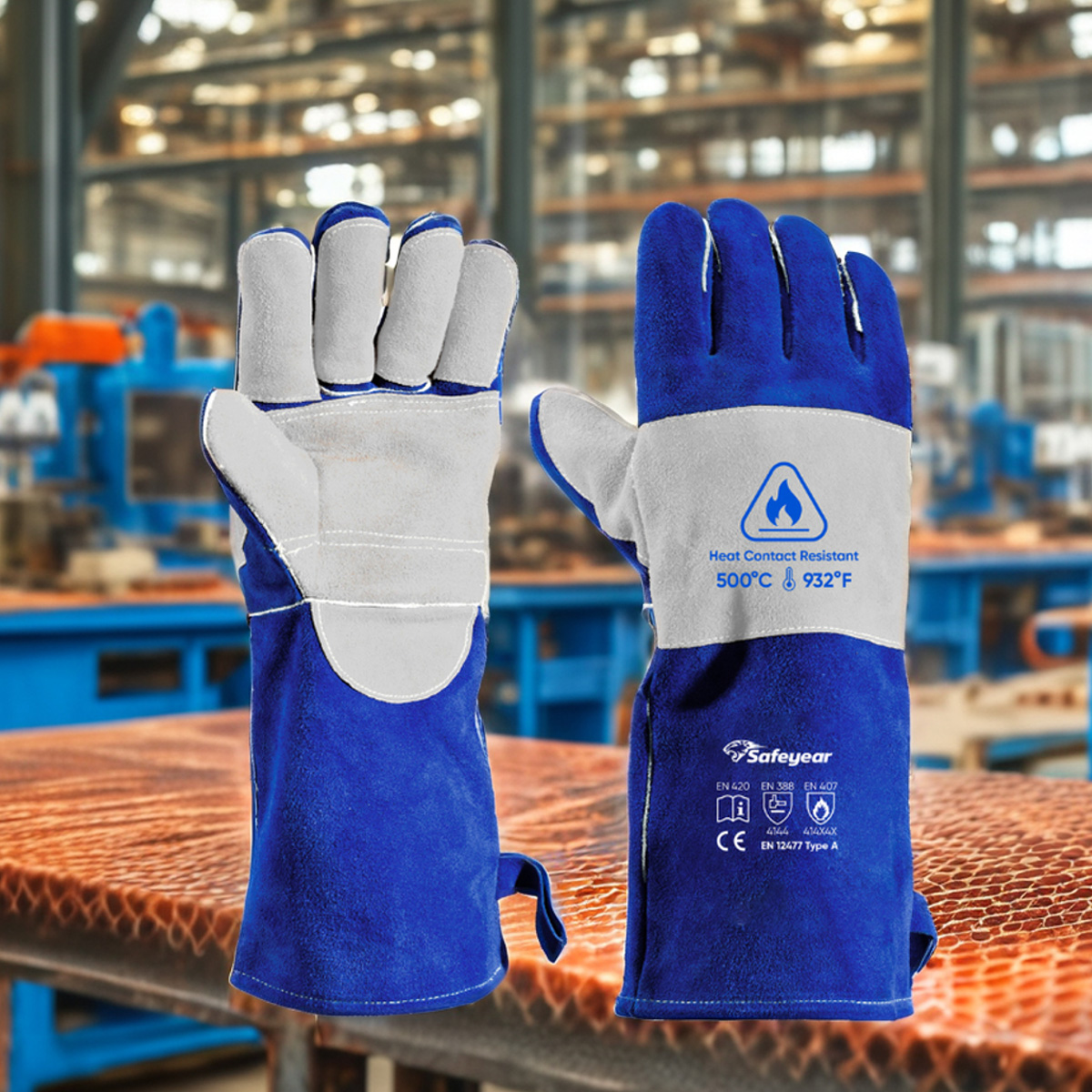 Lichtbogenschutzhandschuhe, Schweißhandschuhe, Leder, Rindsleder, FL-1023, Blau und Grau