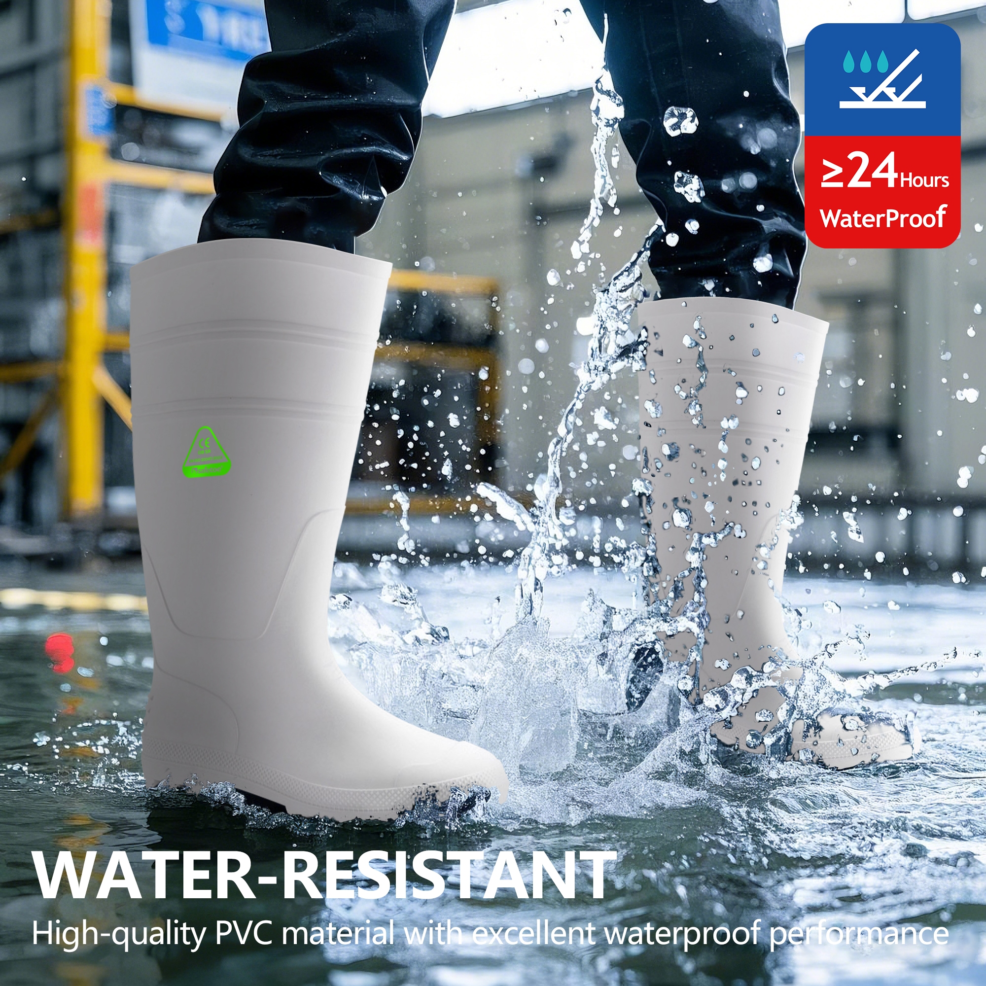 Berufsgummistiefel – Wasserdichte PVC-Arbeitsregenstiefel für Reinigung und nasse Umgebungen, Weiß