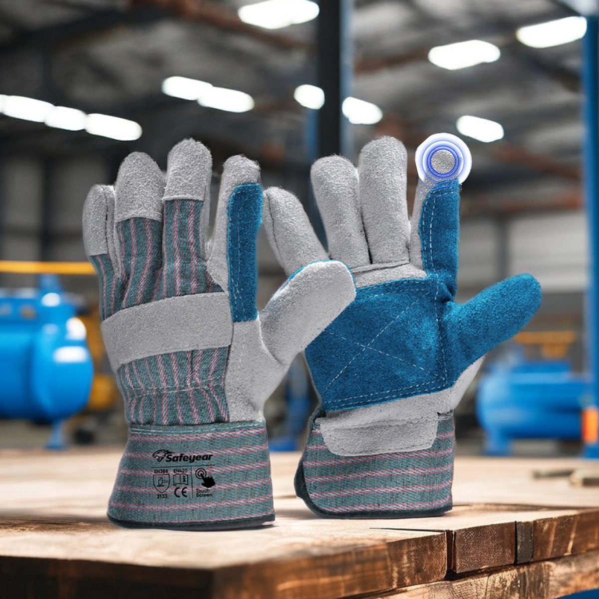 Schnittschutzhandschuh mit Rindsleder-Handfläche, Schlaghandschuhe FL-1015, Blau
