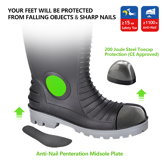 Wasserdichte S5-Stahlzehen PVC-Stiefel W-6055 Aqua Guarder