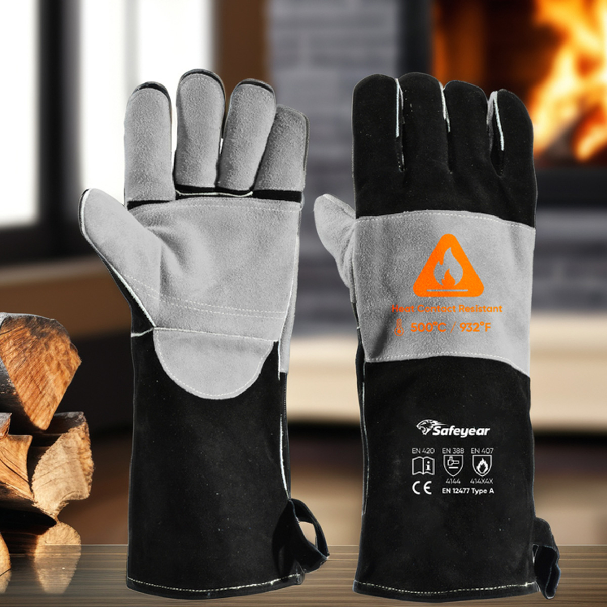 Hitzebeständige Handschuhe für Schweißhandschuhe, Leder, Rindsleder, FL-1023, Schwarz und Grau