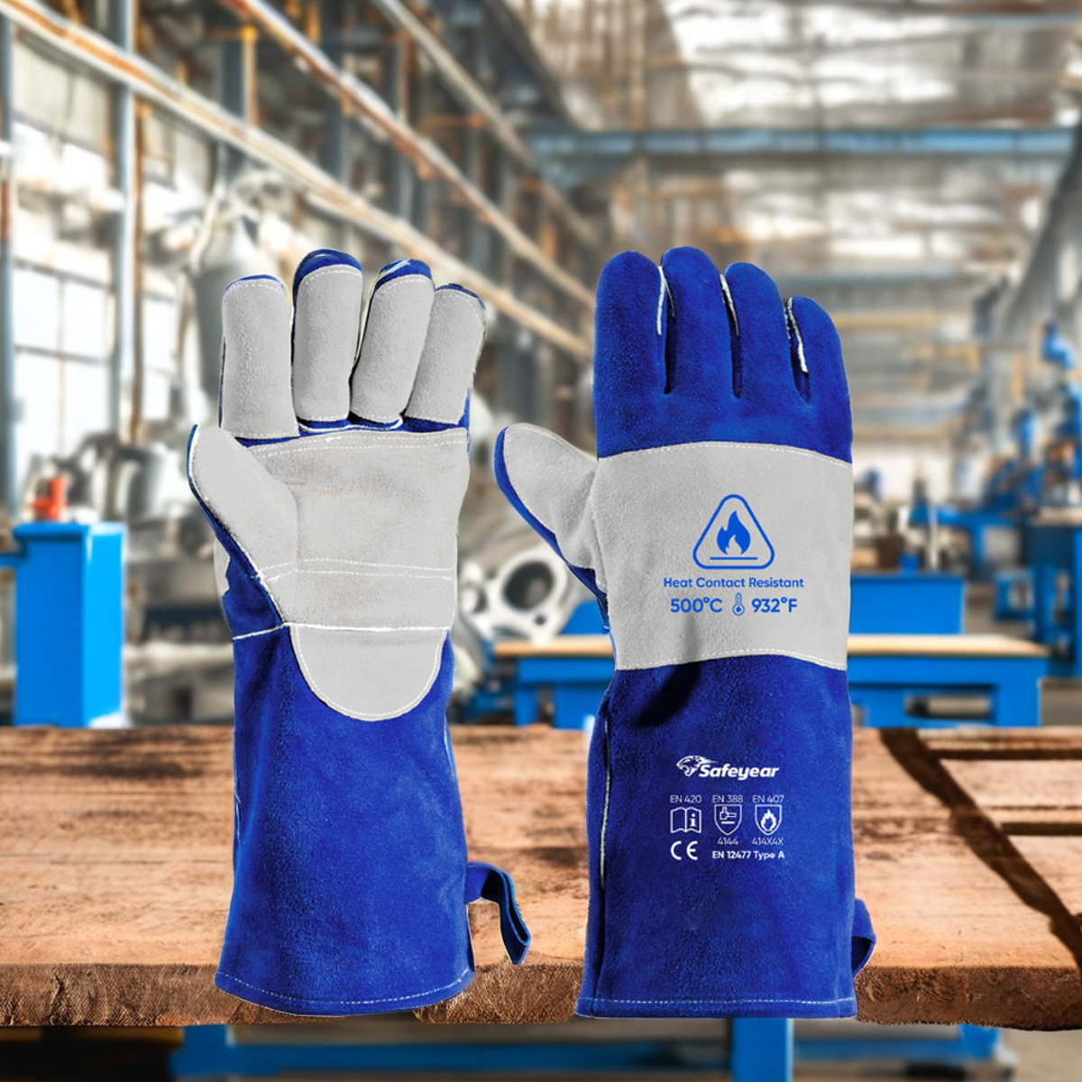 Lichtbogenschutzhandschuhe, Schweißhandschuhe, Leder, Rindsleder, FL-1023, Blau und Grau