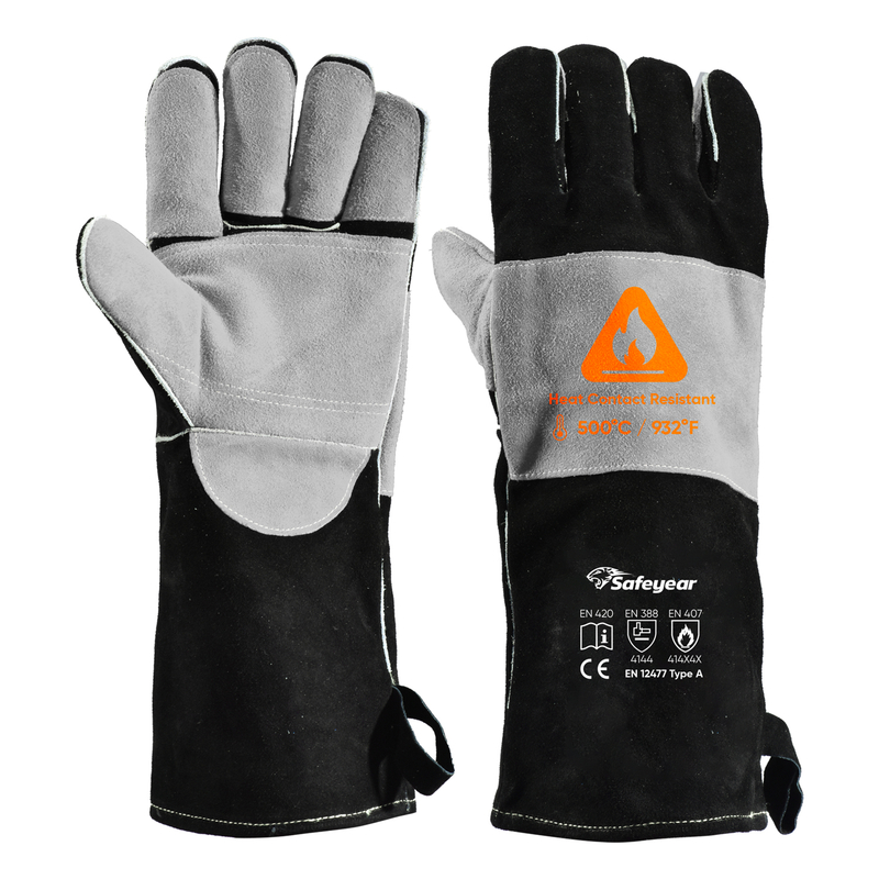 Hitzebeständige Handschuhe für Schweißhandschuhe, Leder, Rindsleder, FL-1023, Schwarz und Grau