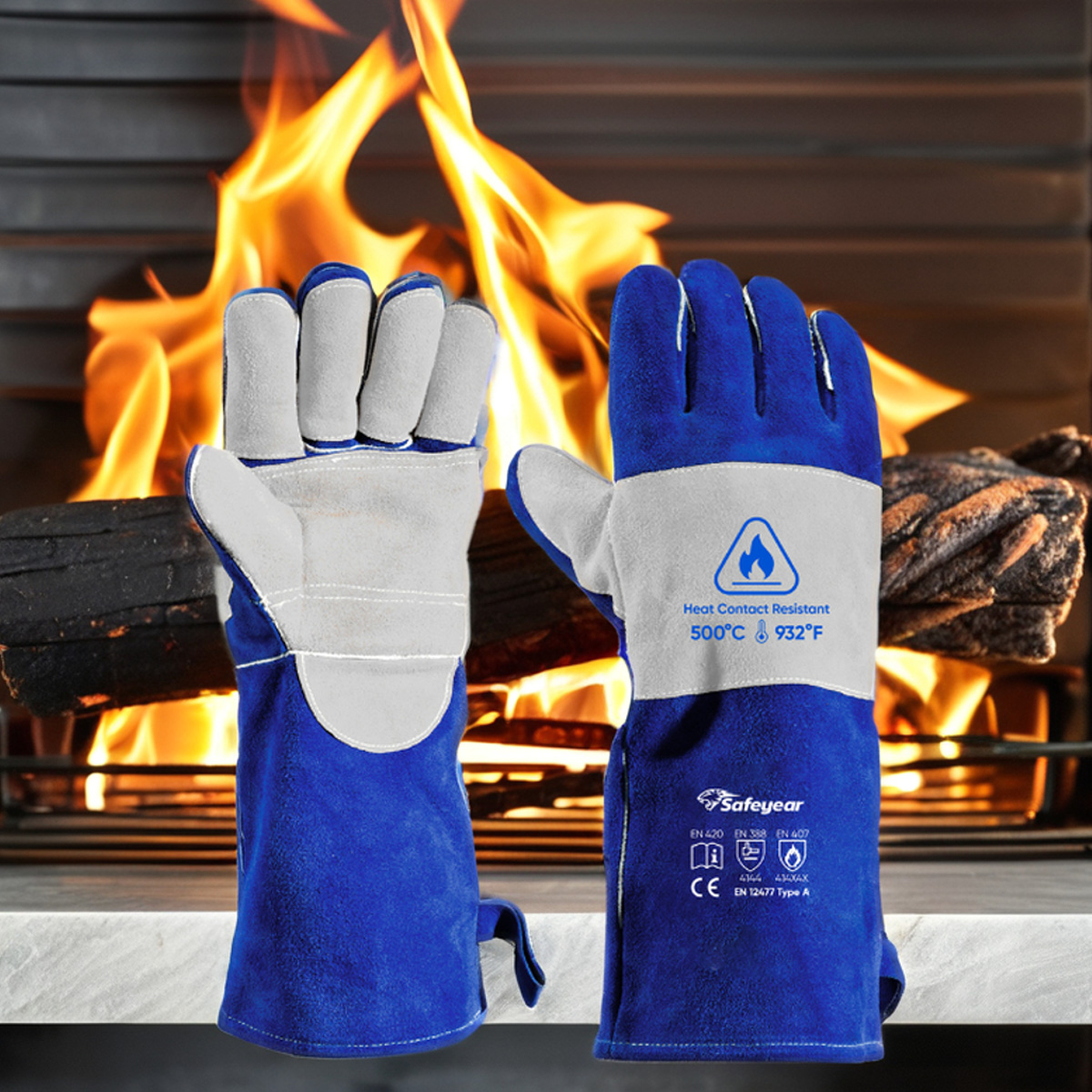 Lichtbogenschutzhandschuhe, Schweißhandschuhe, Leder, Rindsleder, FL-1023, Blau und Grau