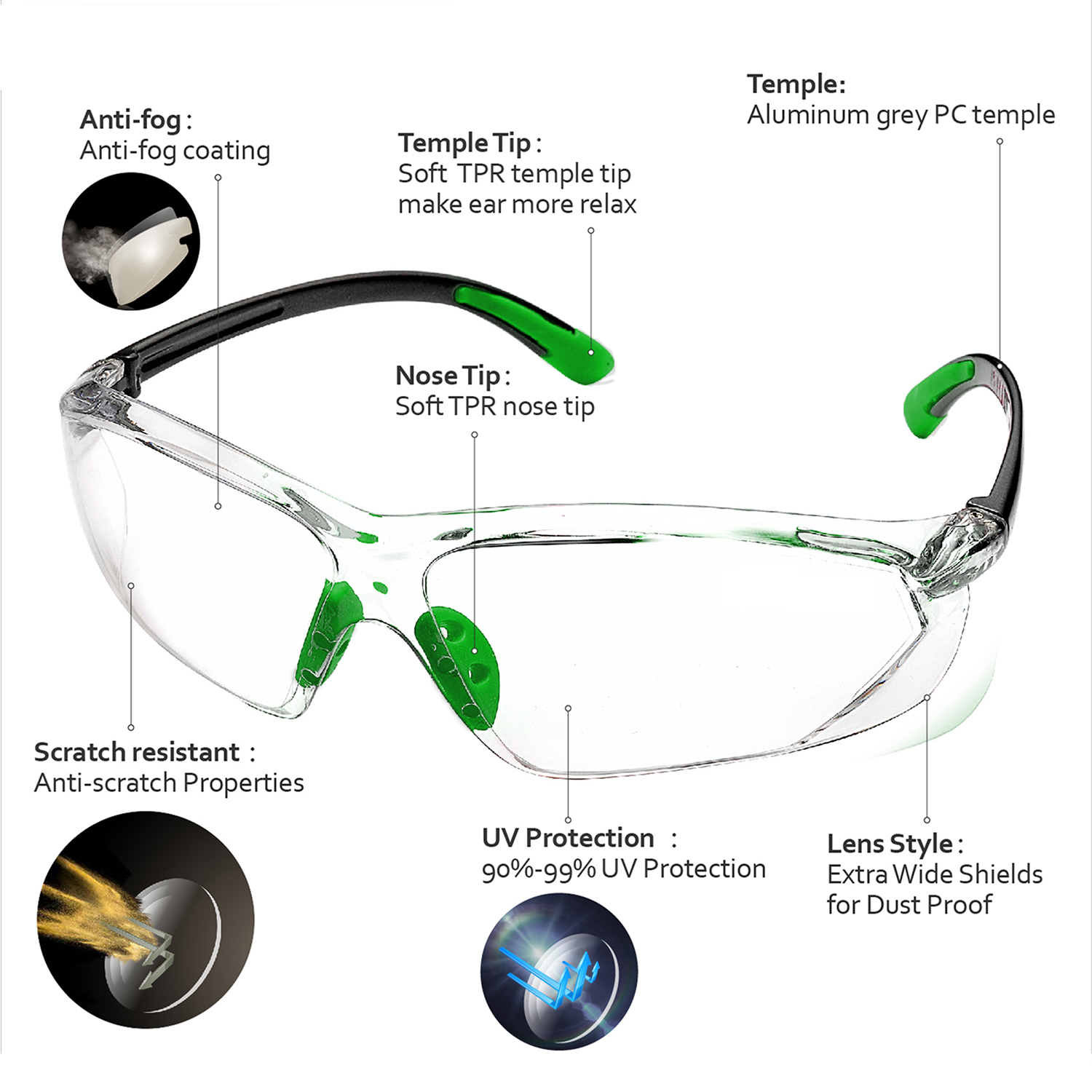 Ready Stock Antibeschlag-Schutzbrille, kratzfest, ANSI Z87.1, CE EN166, SG003, Grün