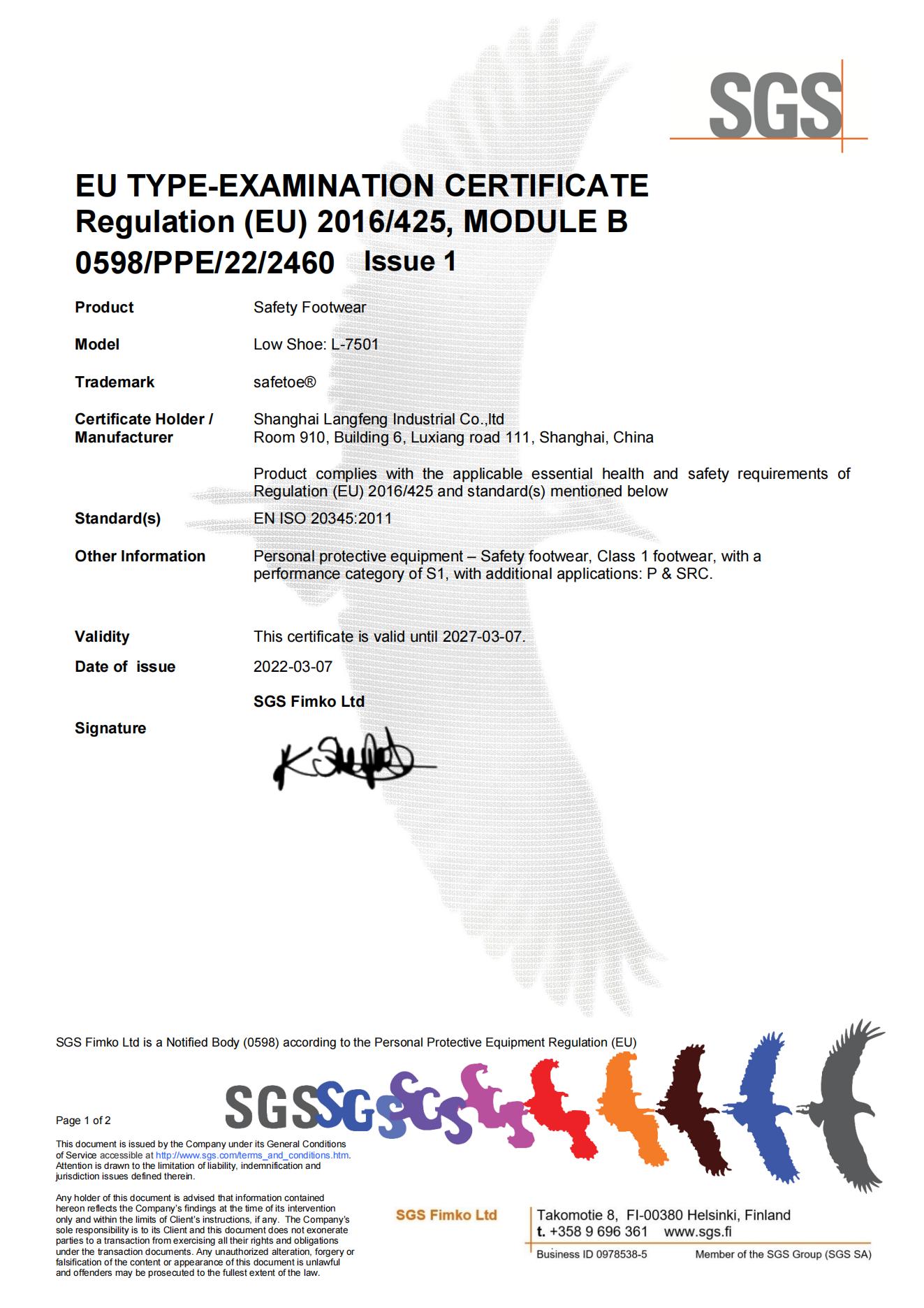 L-7501 Safetoe CE-Zertifikat für Sicherheitsschuhe