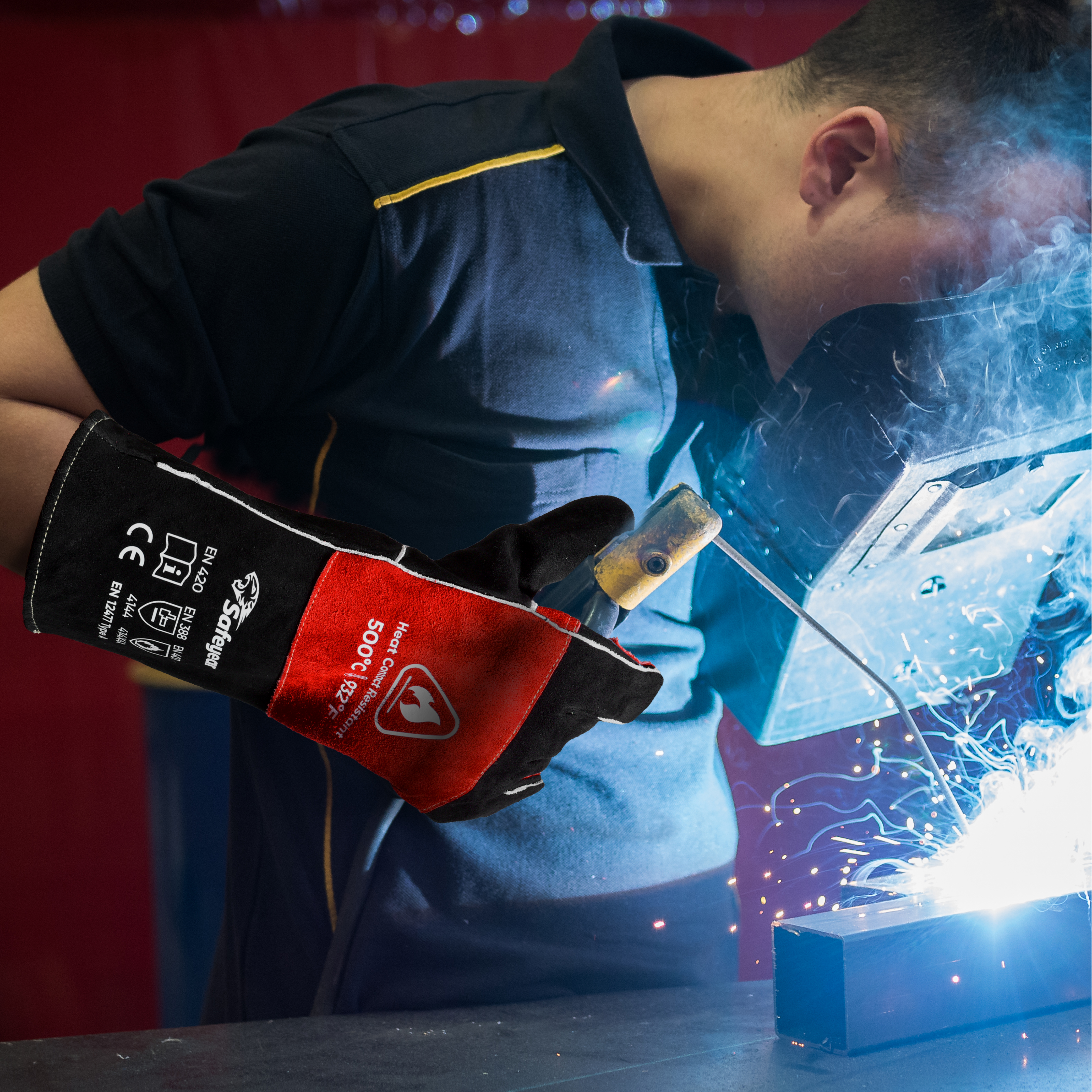  Lederhandschuhe Hitzebeständige Schweißhandschuhe FL-1023 Schwarz & Rot