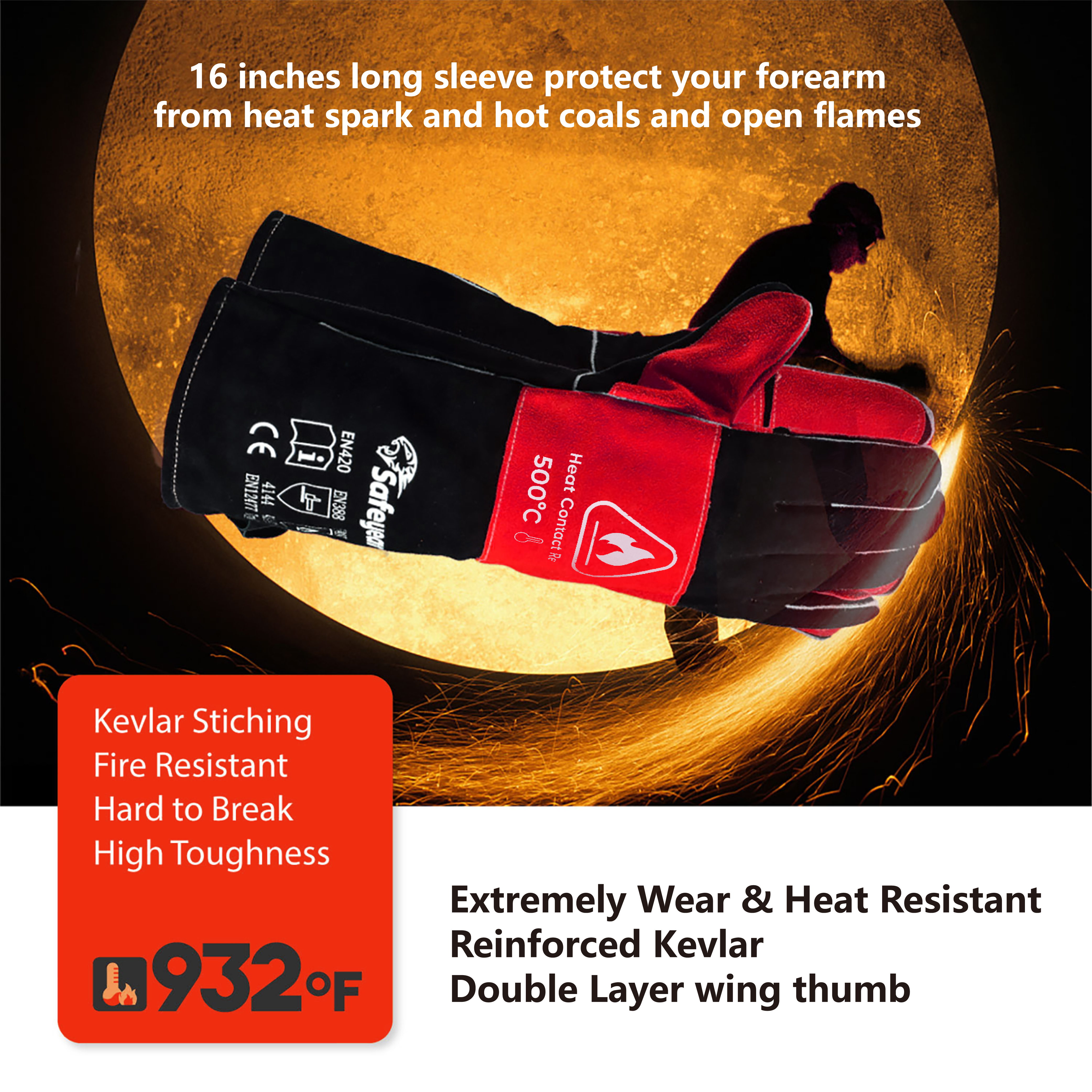  Lederhandschuhe Hitzebeständige Schweißhandschuhe FL-1023 Schwarz & Rot