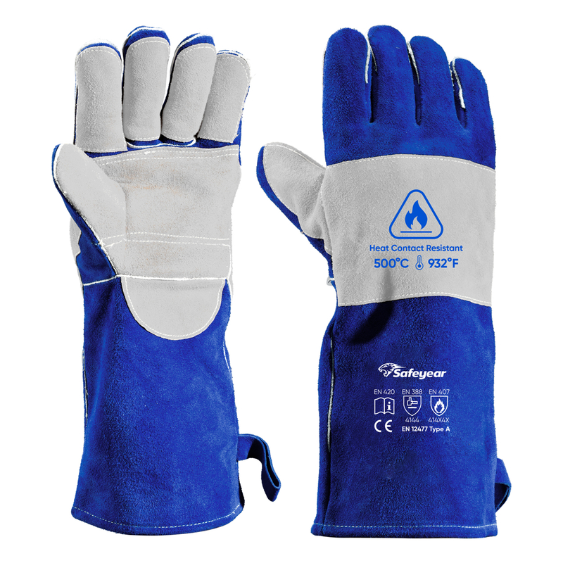 Lichtbogenschutzhandschuhe, Schweißhandschuhe, Leder, Rindsleder, FL-1023, Blau und Grau