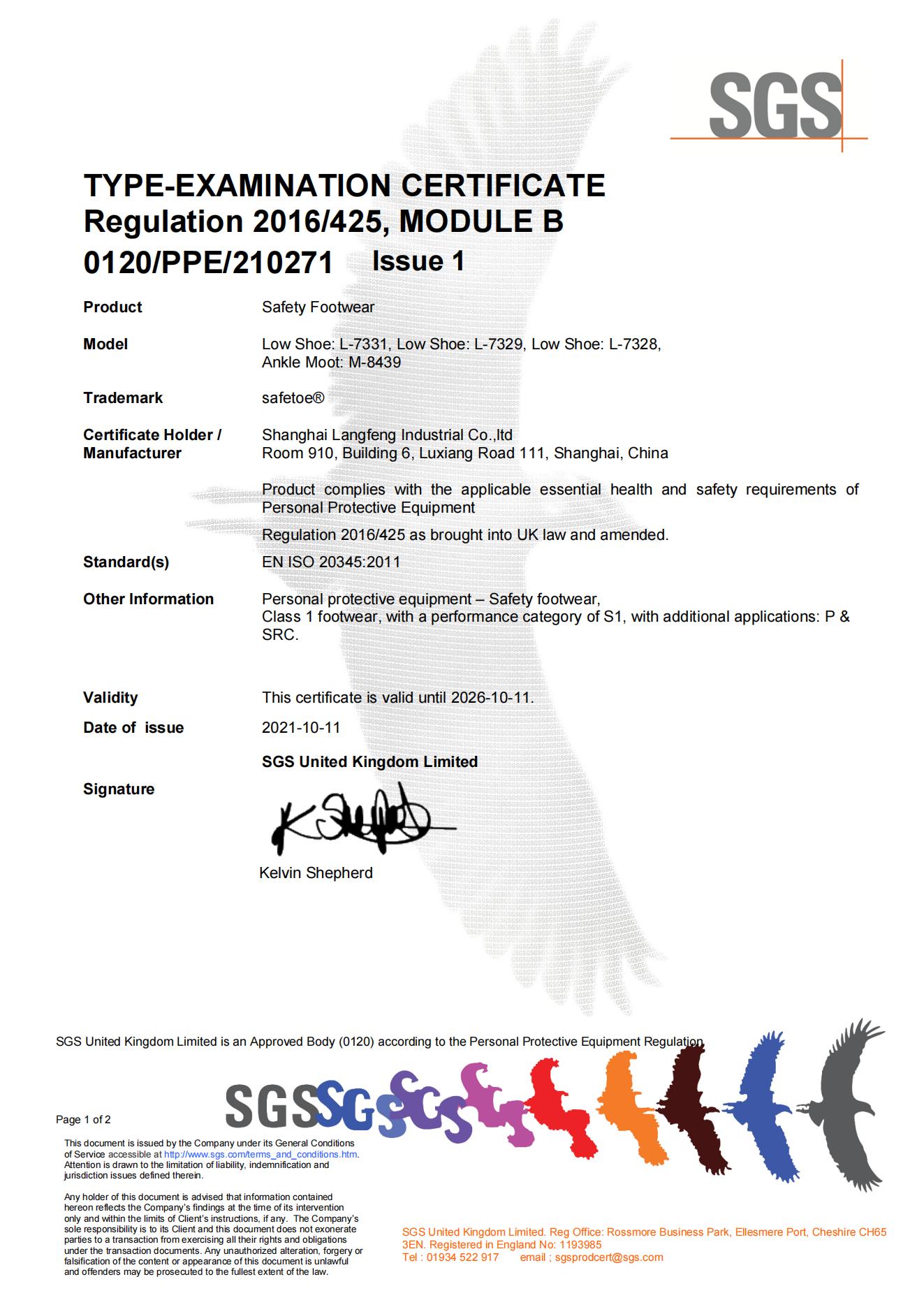Safetoe L-7331 UKCA-Zertifikat für Sicherheitsschuhe