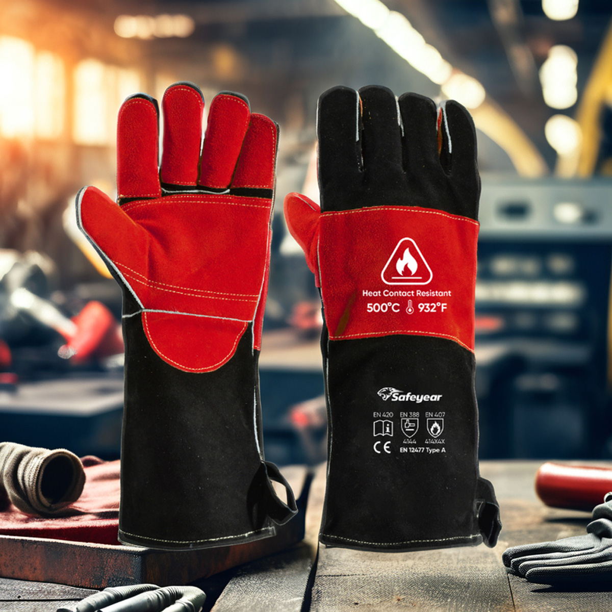 Lederhandschuhe Hitzebeständige Schweißhandschuhe FL-1023 Schwarz & Rot