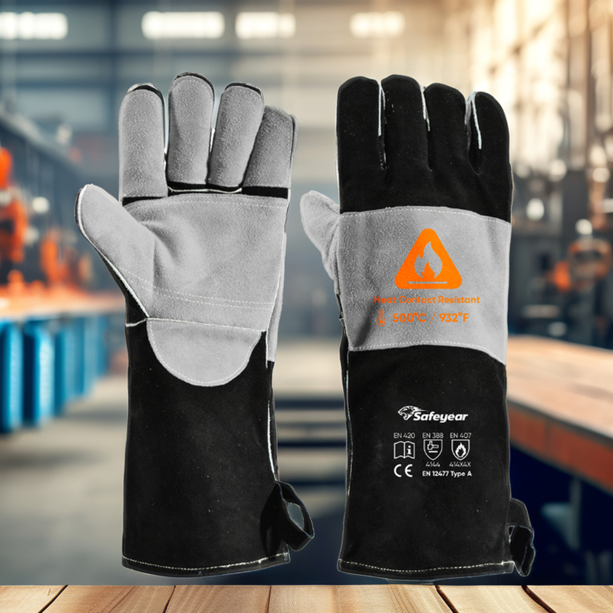 Hitzebeständige Handschuhe für Schweißhandschuhe, Leder, Rindsleder, FL-1023, Schwarz und Grau