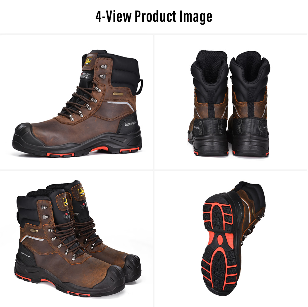 Vier Ansichten der isolierten, wasserdichten Wintersicherheitsstiefel Safetoe H-9552BR