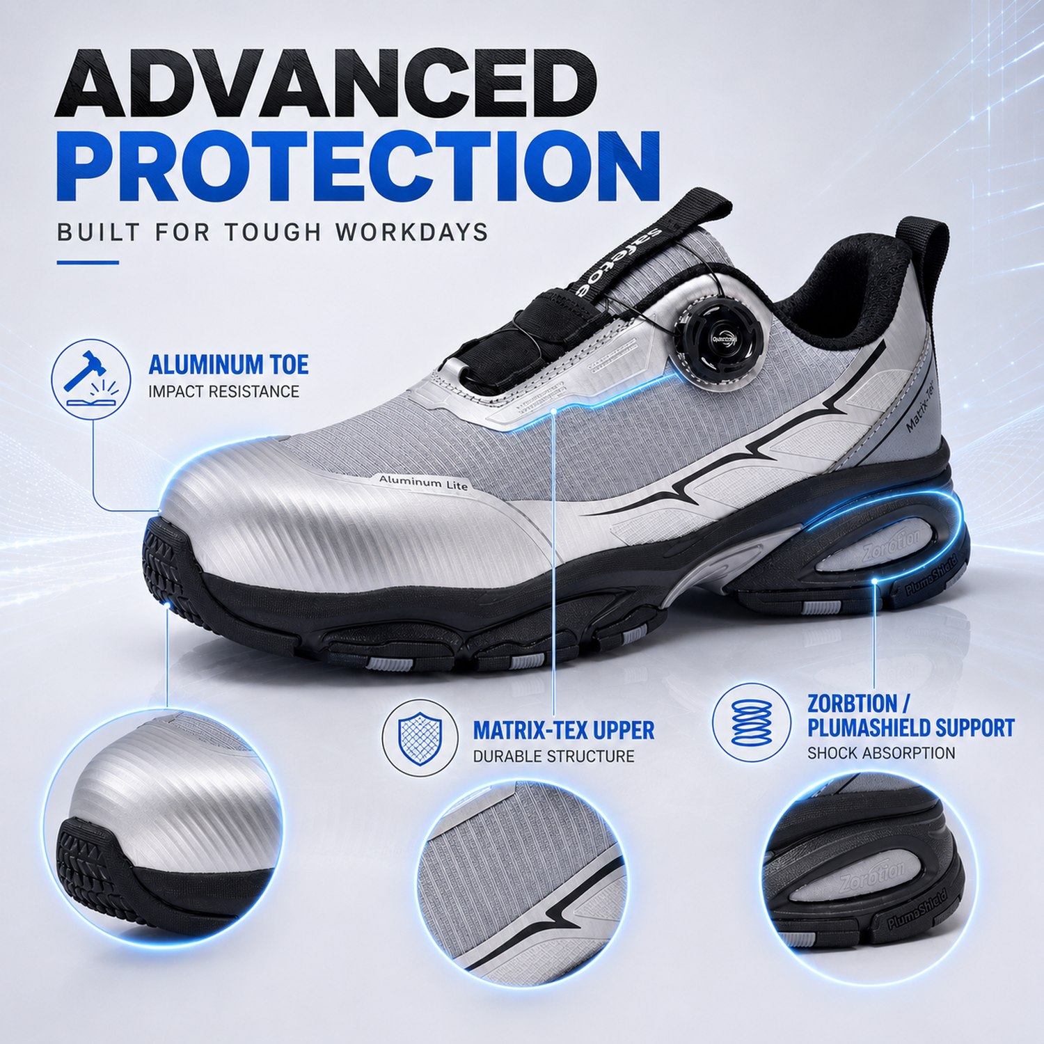 Sports Design QuickDial-Sicherheitsschuhe, S1P-Aluminiumkappe und rutschfest für Logistikarbeiter, L-7601, Grau