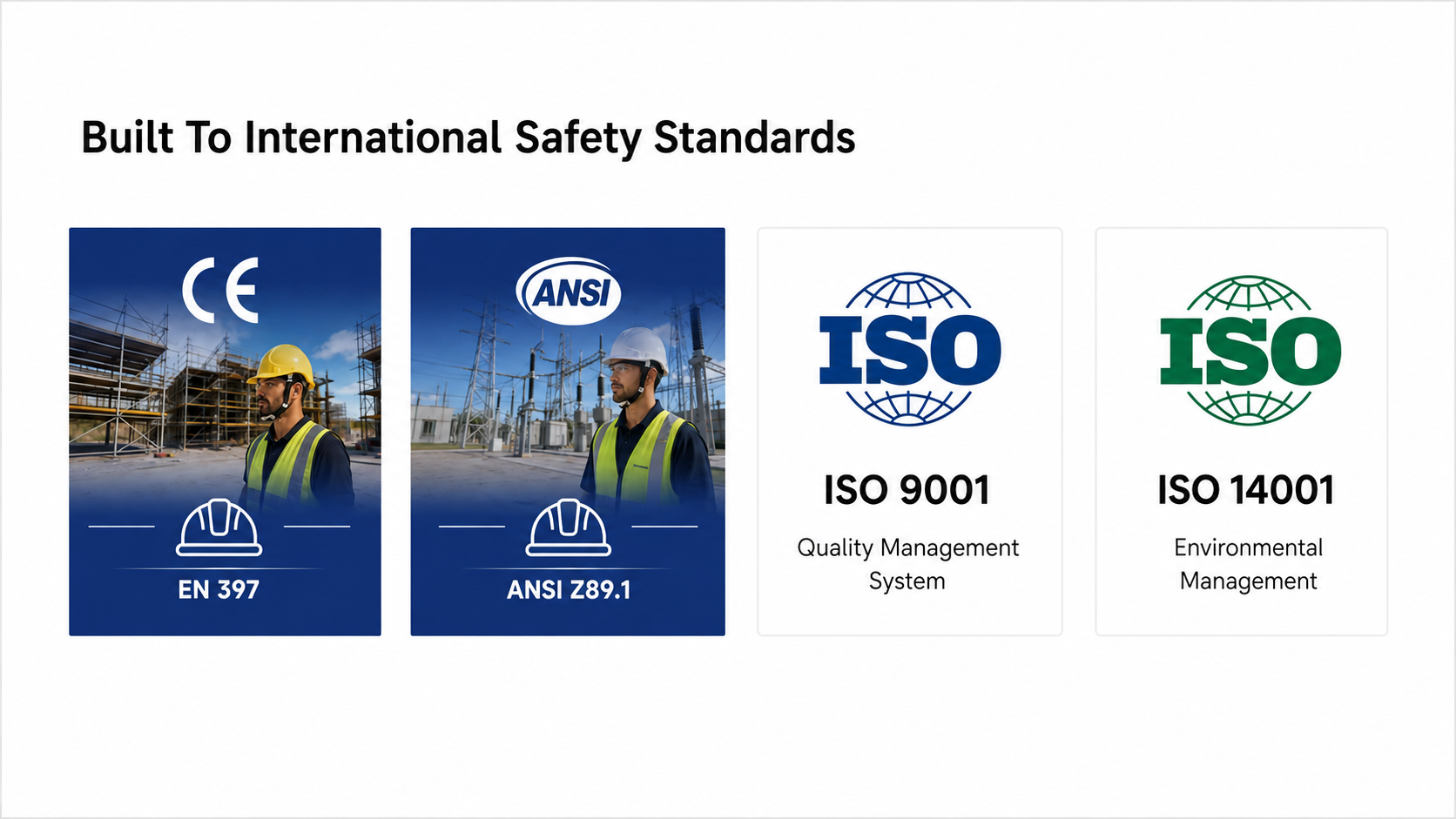 Normen f&uuml;r Bauschutzhelme, einschlie&szlig;lich EN 397, ANSI Z89.1, ISO 9001 und ISO 14001