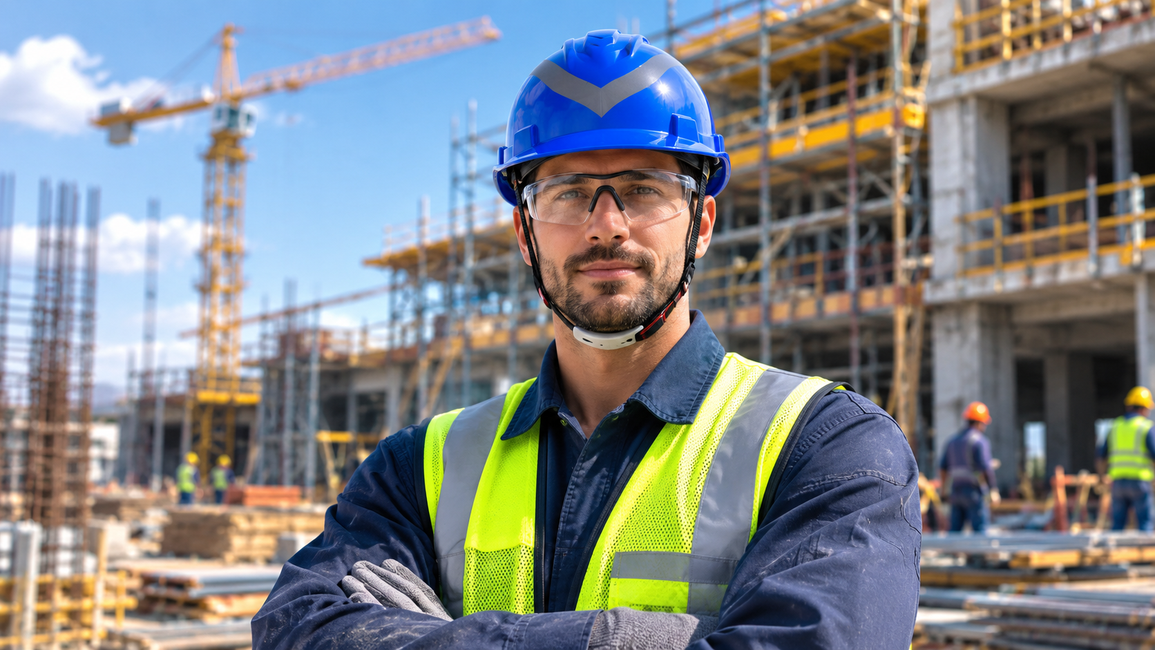 Bauarbeiter mit blauem Schutzhelm und Warnweste auf einer aktiven Baustelle
