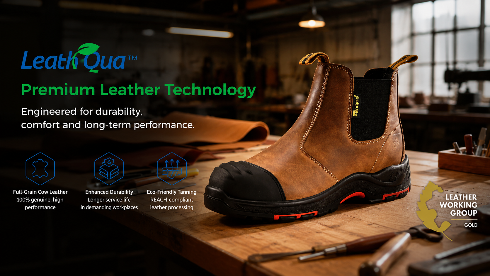 Brauner Chelsea-Sicherheitsstiefel aus Leder mit LeathQua-Premium-Ledertechnologie aus einer Schuhwerkstatt
