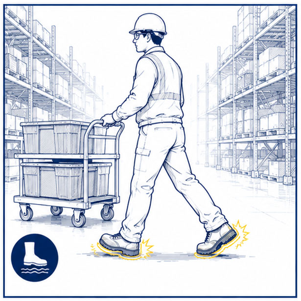 Logistikarbeiter l&auml;uft beim Warentransport auf einem rutschigen Lagerboden