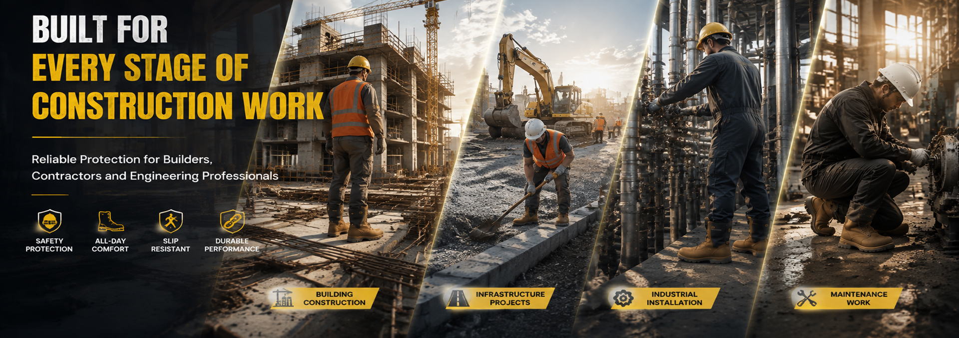Lösungen für Sicherheitsschuhe im Baugewerbe, die Bauherren, Bauunternehmern und Industriearbeitern in Gebäude-, Infrastruktur- und Wartungsumgebungen zeigen
