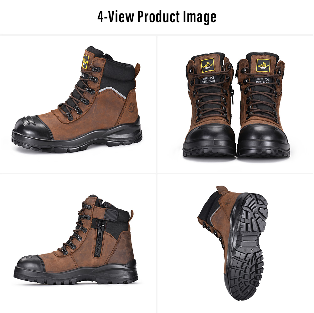Mehrere Ansichten der M-8577 Industrie-Sicherheitsstiefel aus braunem Leder mit seitlichem Rei&szlig;verschluss