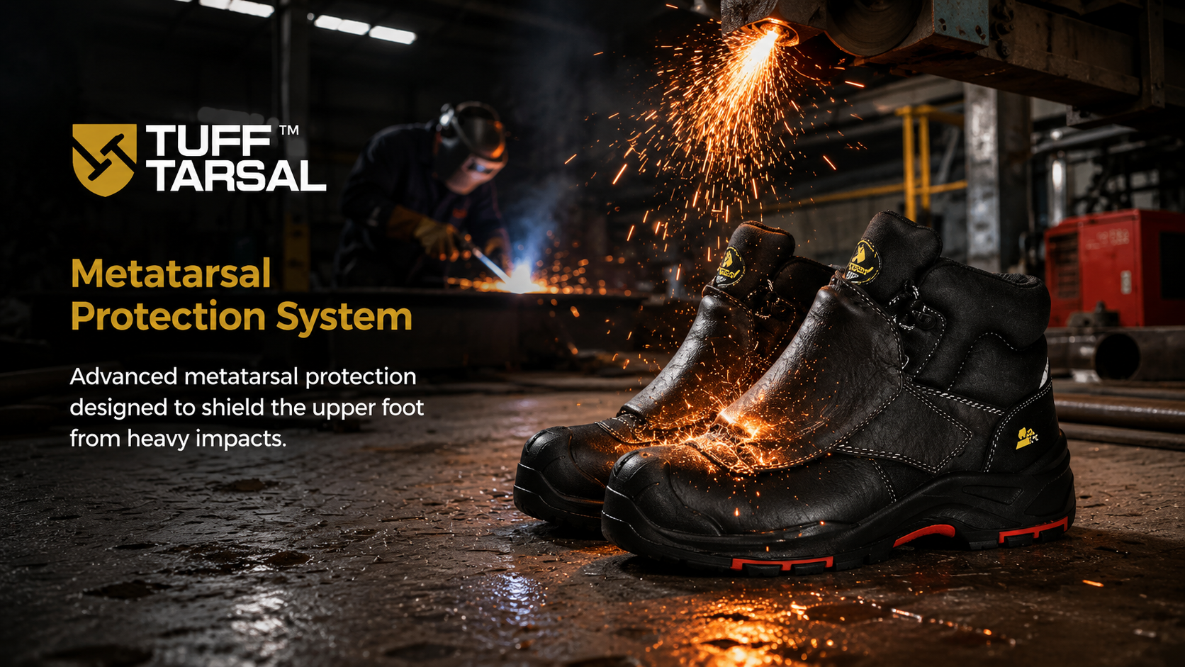 Schwarze Sicherheitsstiefel mit TuffTarsal-Mittelfu&szlig;schutz in einer metallverarbeitenden Fabrik mit schleifenden Funken
