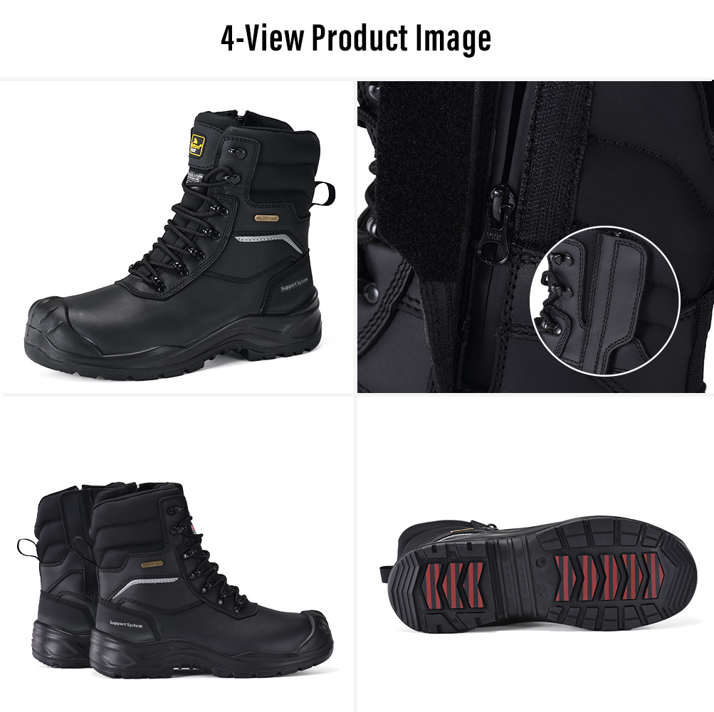 Vieransichtsbild von Safetoe H-9552 IceGrip-Wintersicherheitsstiefeln mit Seitenansicht, wasserdichtem seitlichem Rei&szlig;verschluss, hinterem Profil und Ice-Grip-Au&szlig;ensohle. 