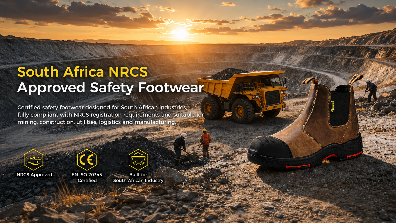 Brauner Sicherheitsstiefel, ausgestellt in einem s&uuml;dafrikanischen Tagebau, zur F&ouml;rderung von NRCS-zugelassenem Sicherheitsschuhwerk f&uuml;r die Bergbauindustrie