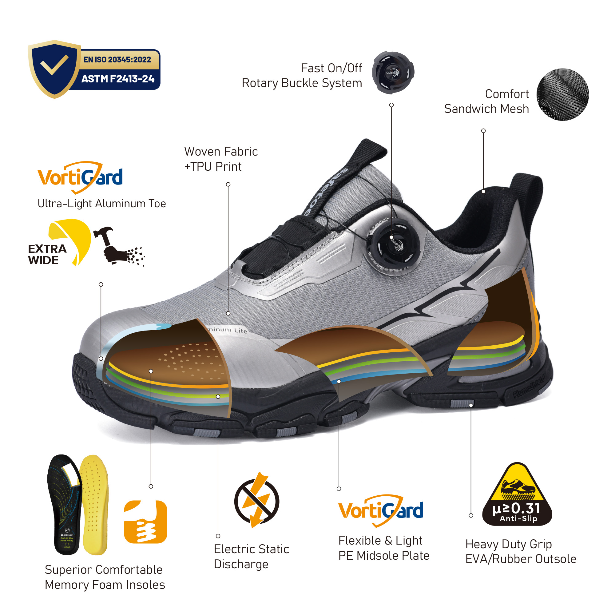 Sports Design QuickDial-Sicherheitsschuhe, S1P-Aluminiumkappe und rutschfest für Logistikarbeiter, L-7601, Grau