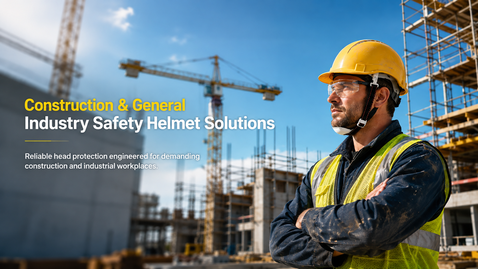 Bauarbeiter mit gelbem Schutzhelm auf einer aktiven Baustelle mit Kr&auml;nen und Ger&uuml;sten