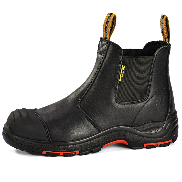 Schwarze Leder-Sicherheitsstiefel zum Hineinschlüpfen mit Verbundzehen- und Kevlar-Schutz | M-8025NBK